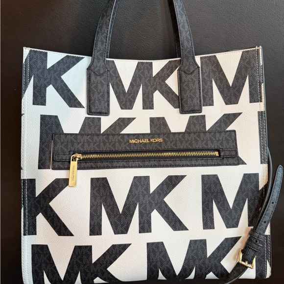Michael Kors Handbags - Michael Kors Large Black & White MK Signature Tote with Gold Hardware
